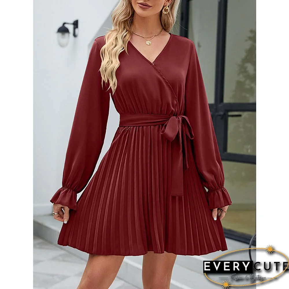 Burgundy V Neck Long Sleeve Pleated Mini Dress with Belt