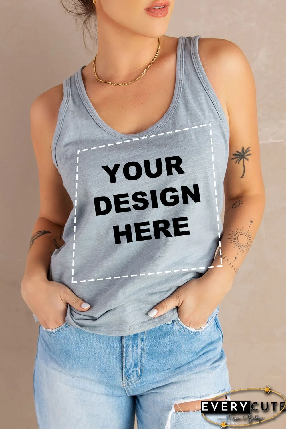 Blank Apparel - Gray Scoop Neck Basic Solid Tank Top