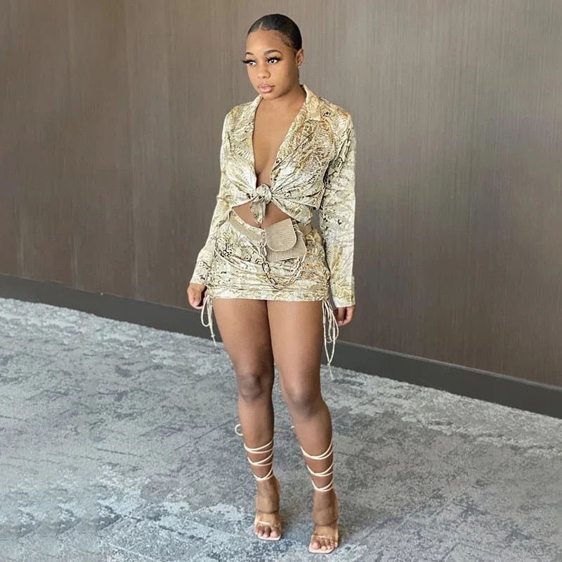 Articat Sexy Bodycon Two Pieces Set Women Long Sleeve Turn Down Collor Short Top Women Solid Print Casual Winter Partywear Set