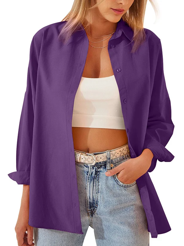 Buttoned Solid Color Long Sleeves Loose Lapel Blouses&Shirts Tops