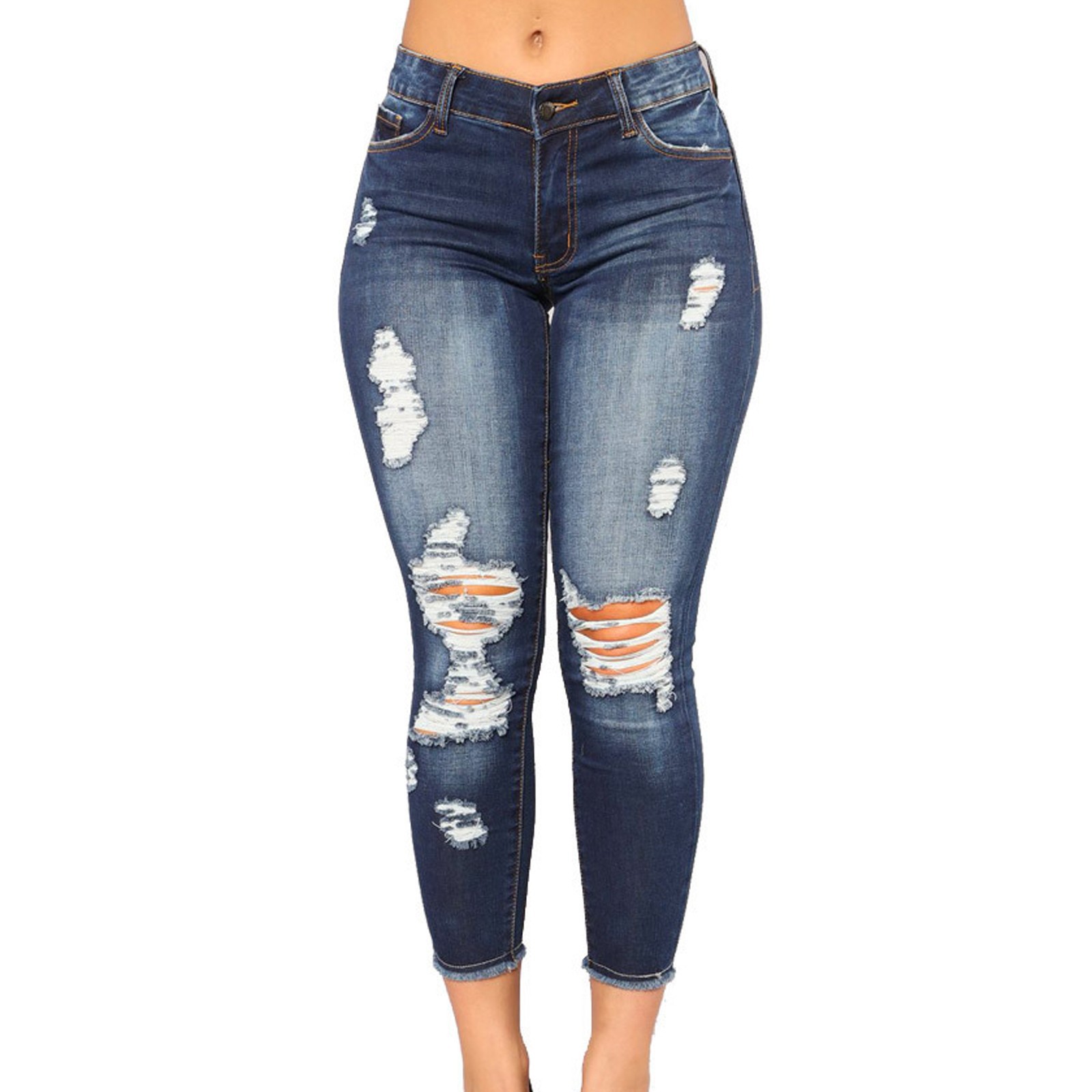 Mayfirstrecords High Waist Elastic Ripped Jeans Women