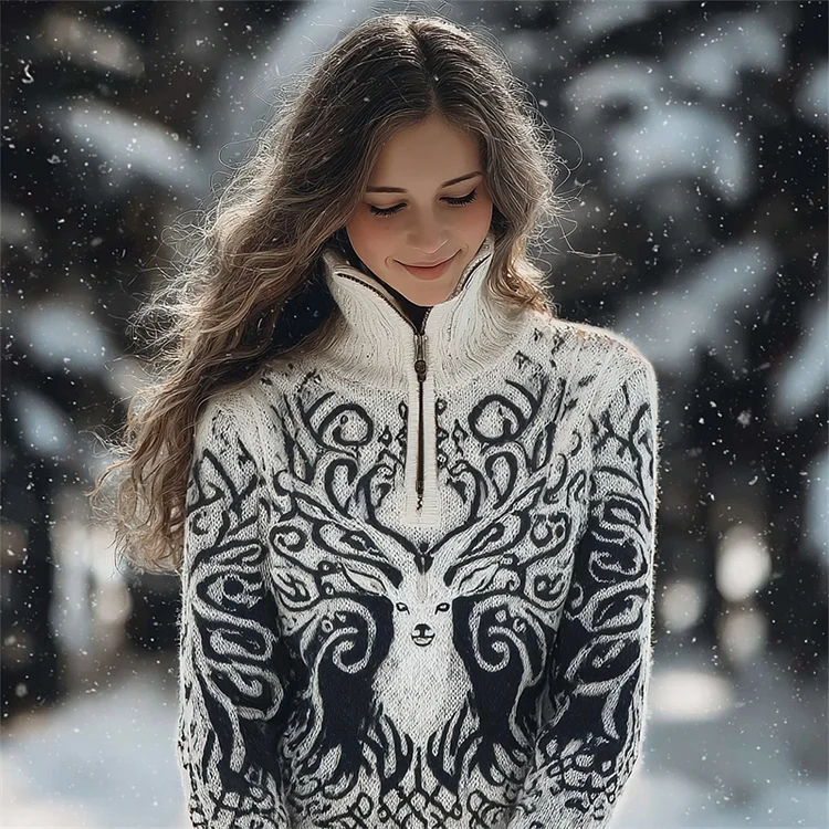 Mystical White Deer Contrast Zip Up Cozy Knit Sweater