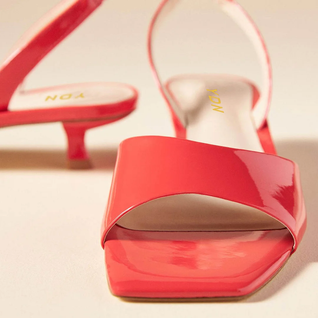 Women's Red Patent Leather Open Square Toe Slingback Kitten Heels
