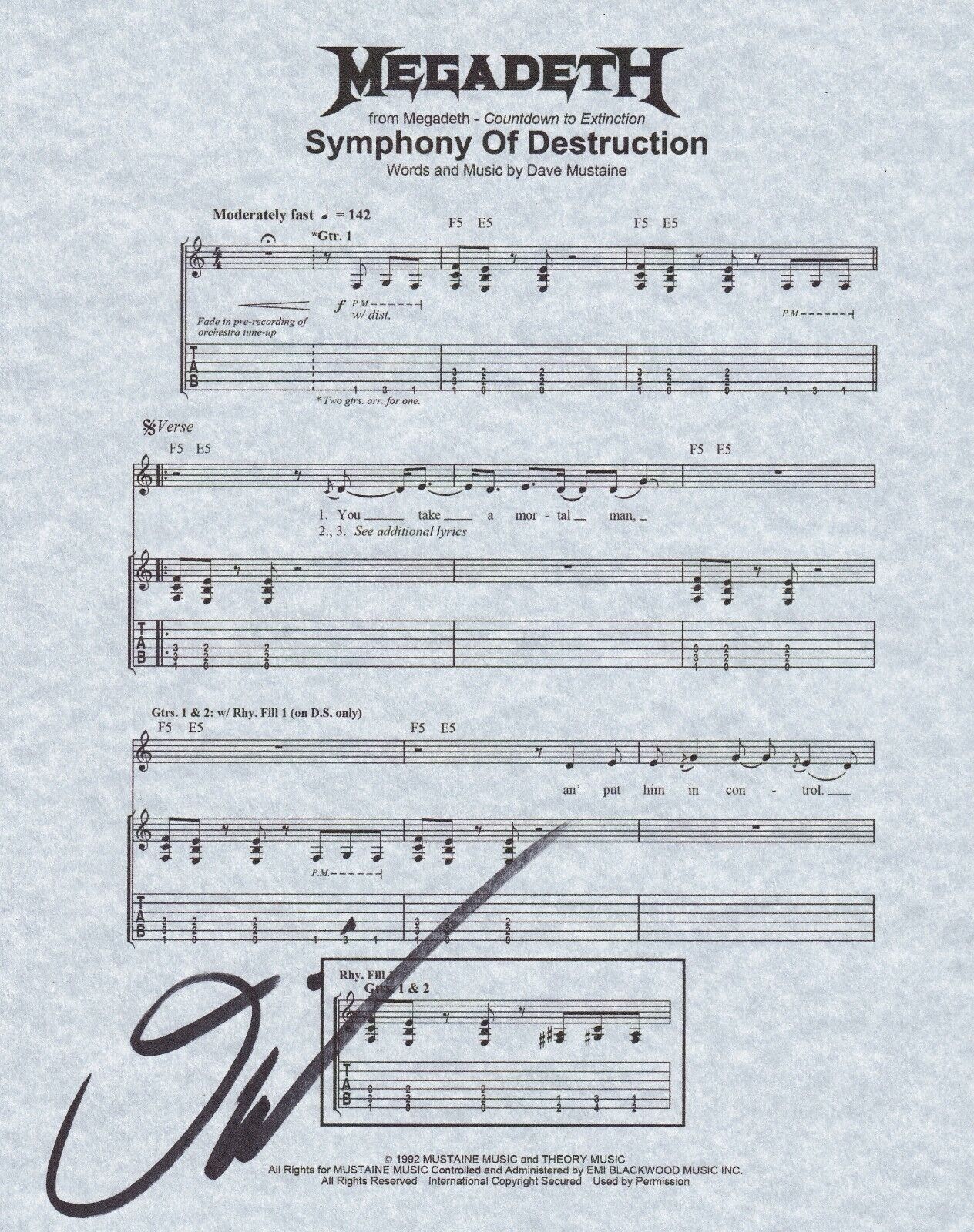 Dave Ellefson of Megadeth REAL SIGNED Symphony Of Destruction Sheet Music COA