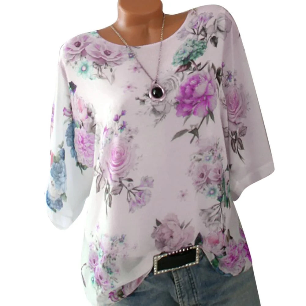 Women Plus Size S-5XL Blouse Loose Floral Print Slash Neck Blouse Pullover Tops Shirt womens tops and blouses camisas mujer NEW