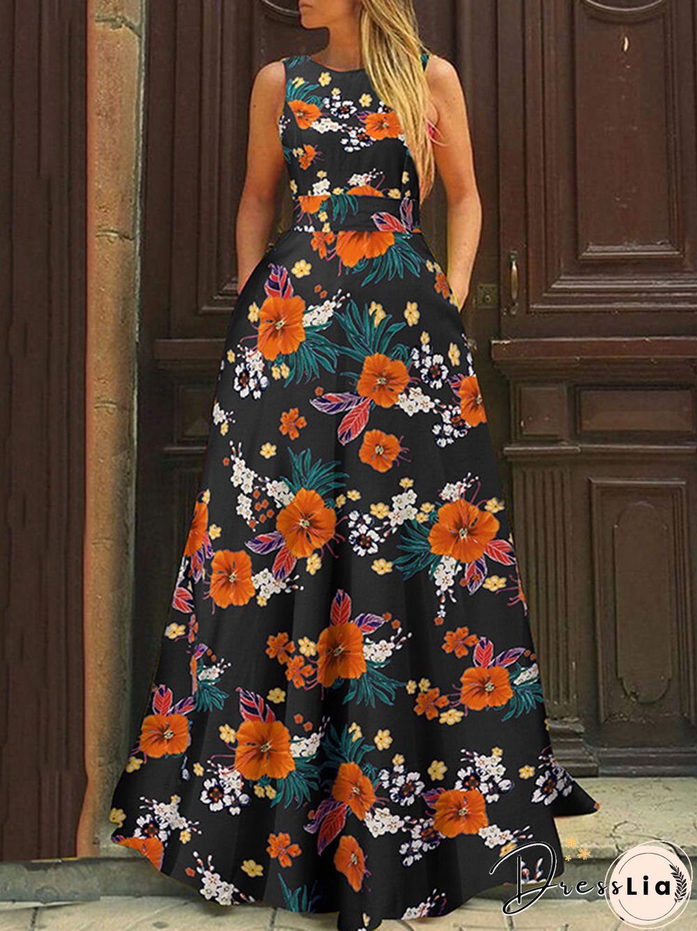Flower Print A-line Pocket Sleeveless Swing Maxi Dress