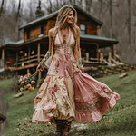 Women's Boho Floral Art Patchwork V Neck Comfy Maxi Dress - Image 2