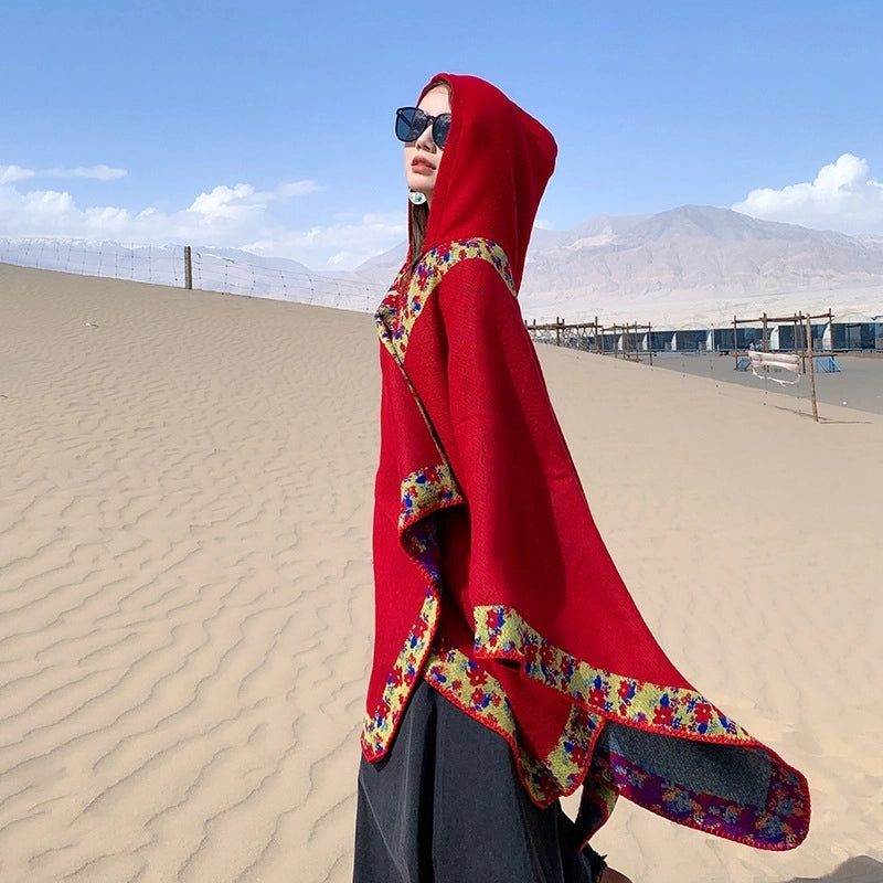 Ethnic Style Hooded Shawl Cloak Lijiang Xinjiang Tibet Northwest Tourism Wear Photograph Warm Outer Cape