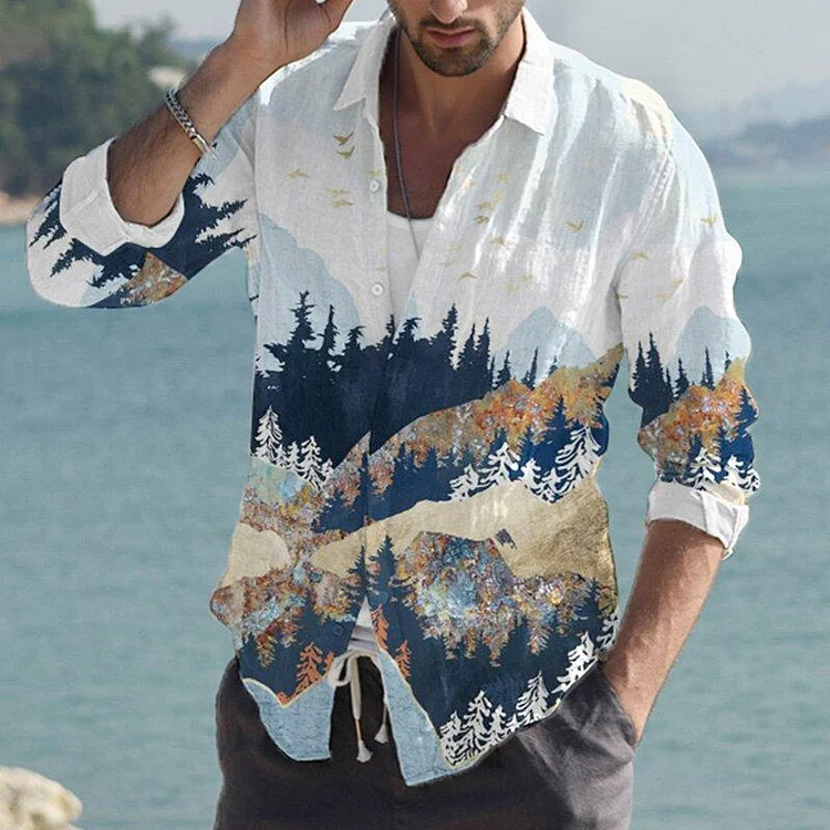 Men's loose casual landscape print shirt