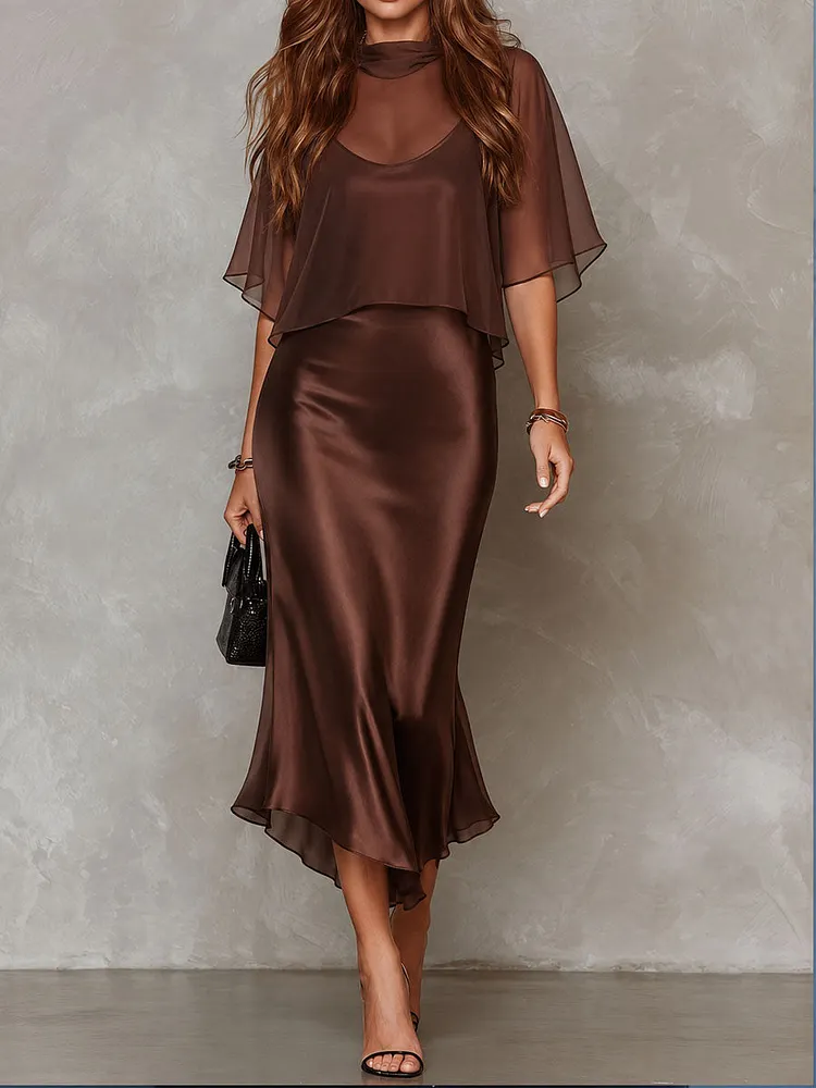 Retro Elegant Chocolate Brown Sheer Chiffon Overlay & Satin Midi Dress Set