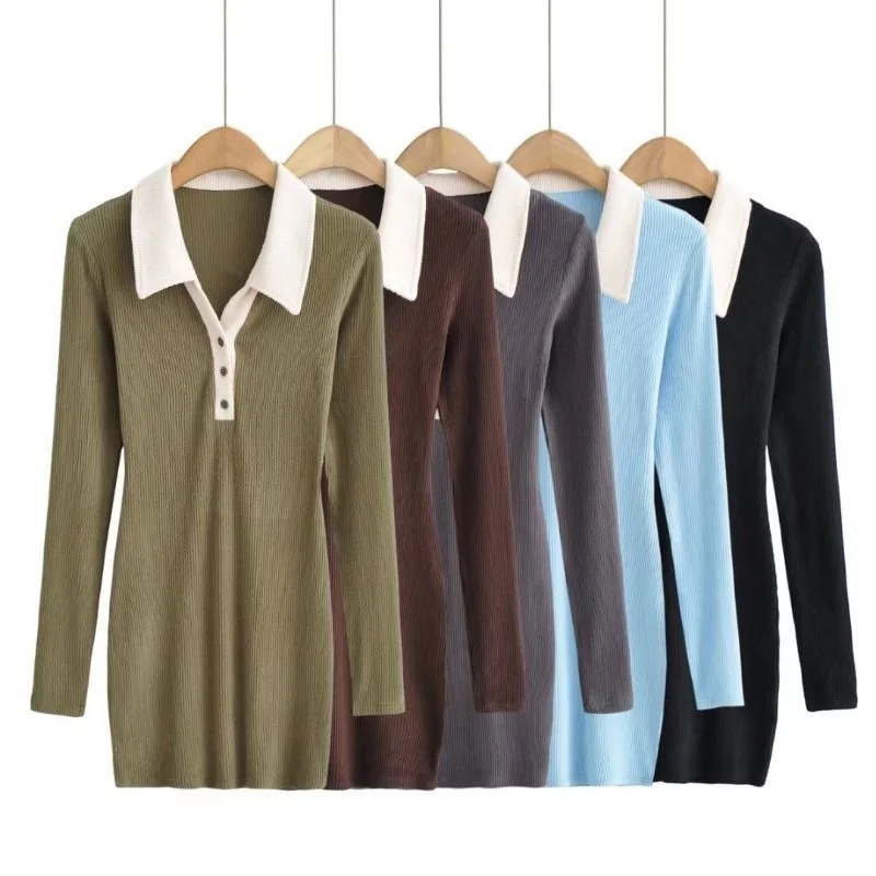 Long-Sleeve Polo Collar Knit Mini Sheath Dress YP650