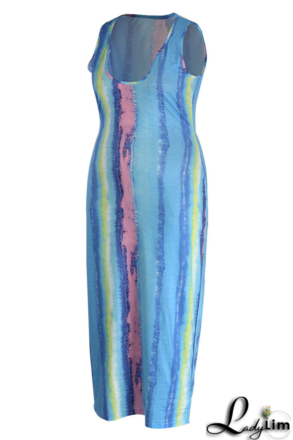 Blue Fashion Casual Plus Size Print Basic U Neck Vest Dress