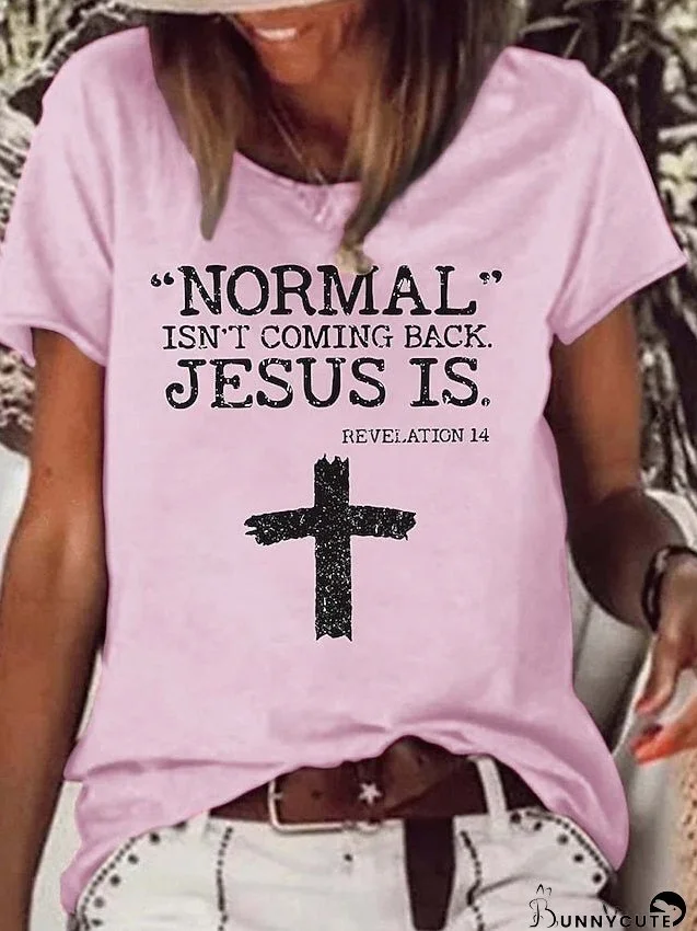 T shirt Tee Black Light Green Pink Print Short Sleeve Casual Weekend Basic Round Neck Regular Cotton Normal Isn't Coming Back Jesus Is Revelattion Painting S for Women