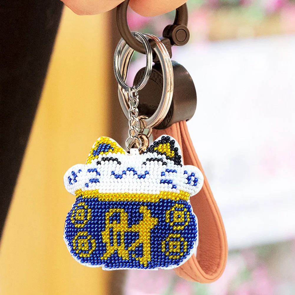 Stamped Beads Cross Stitch Keychain-Blue Lucky Cat