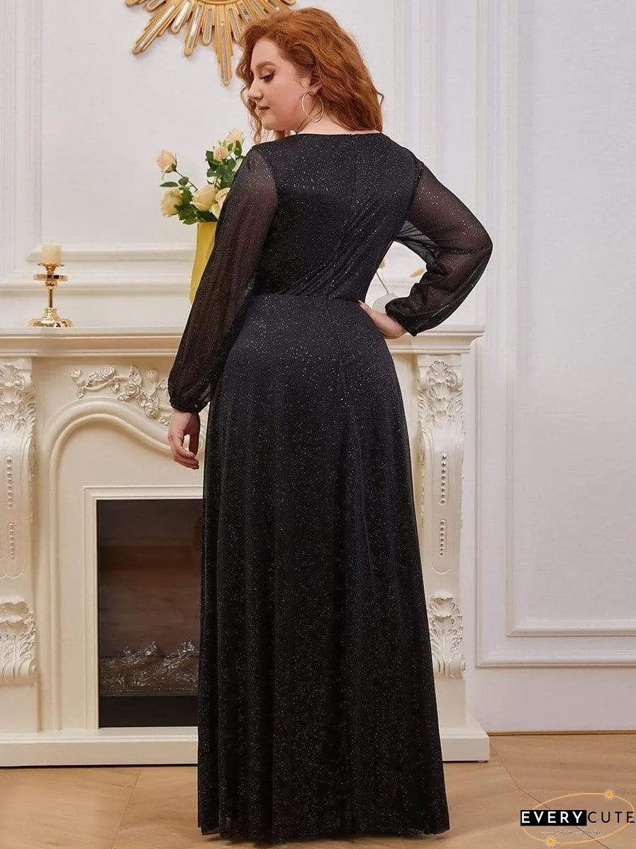 Shiny Puff Sleeve V-Neck Evening Gown for Curvy Women