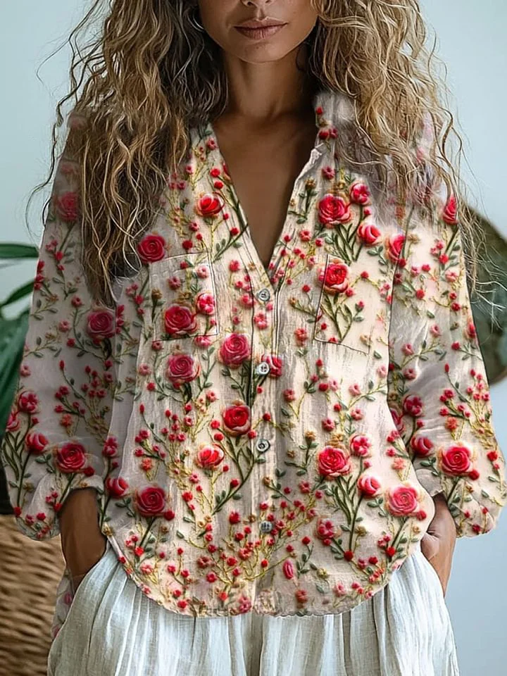Women's  Retro Floral Art Print Casual Long Sleeve Comfortable Cotton Shirt