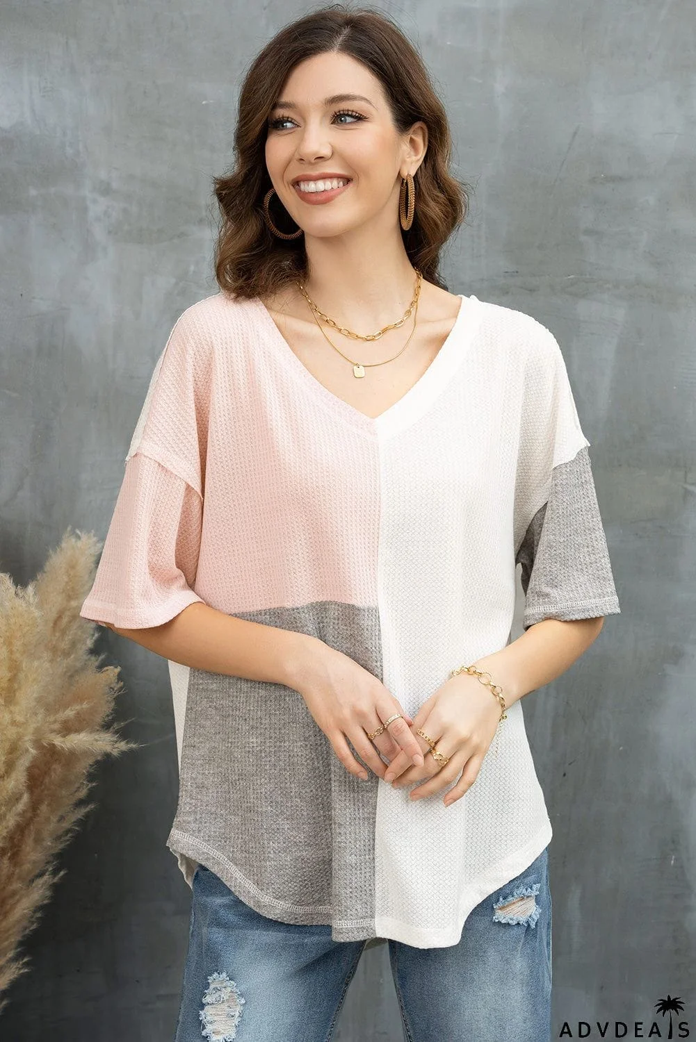 Color Block V-Neck Waffle-Knit Blouse