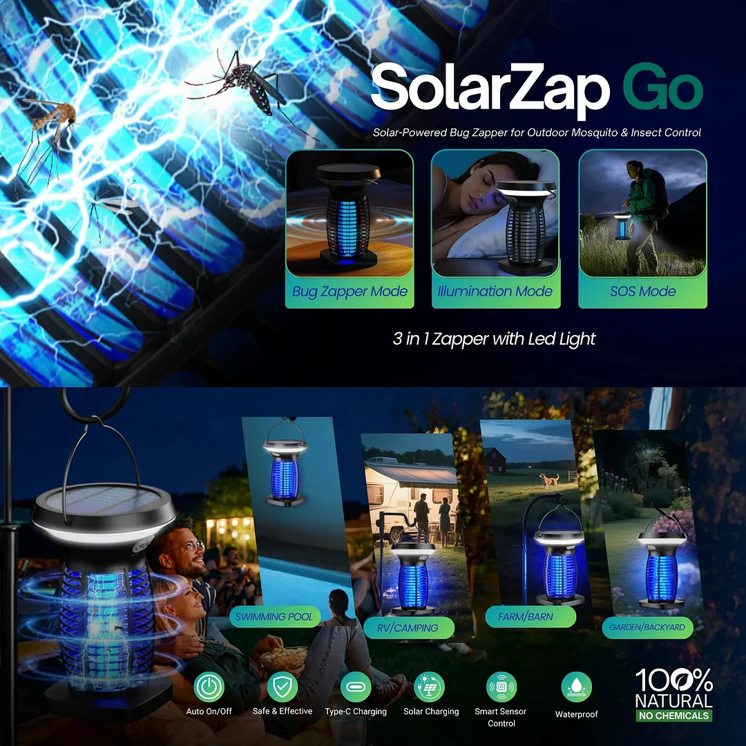 SolarZap Go - Portable Solar-Powered Bug Zapper for Outdoor Mosquito & Insect Control