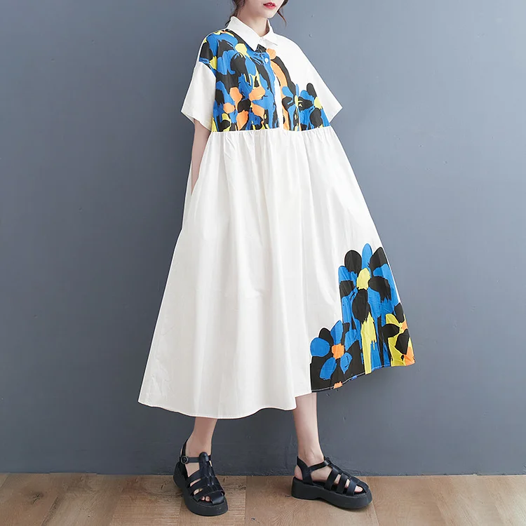 Literary Floral Printed Short Sleeve Midi Dress - yankia