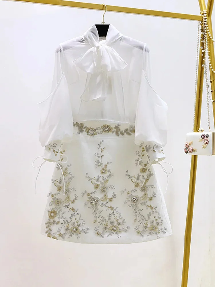 Huiketi Autumn Skirt Suits Women's Sets Fashion Lantern Sleeve Bows Chiffon Blouses Tops + Vintage Beaded Flower Appliques Skirts