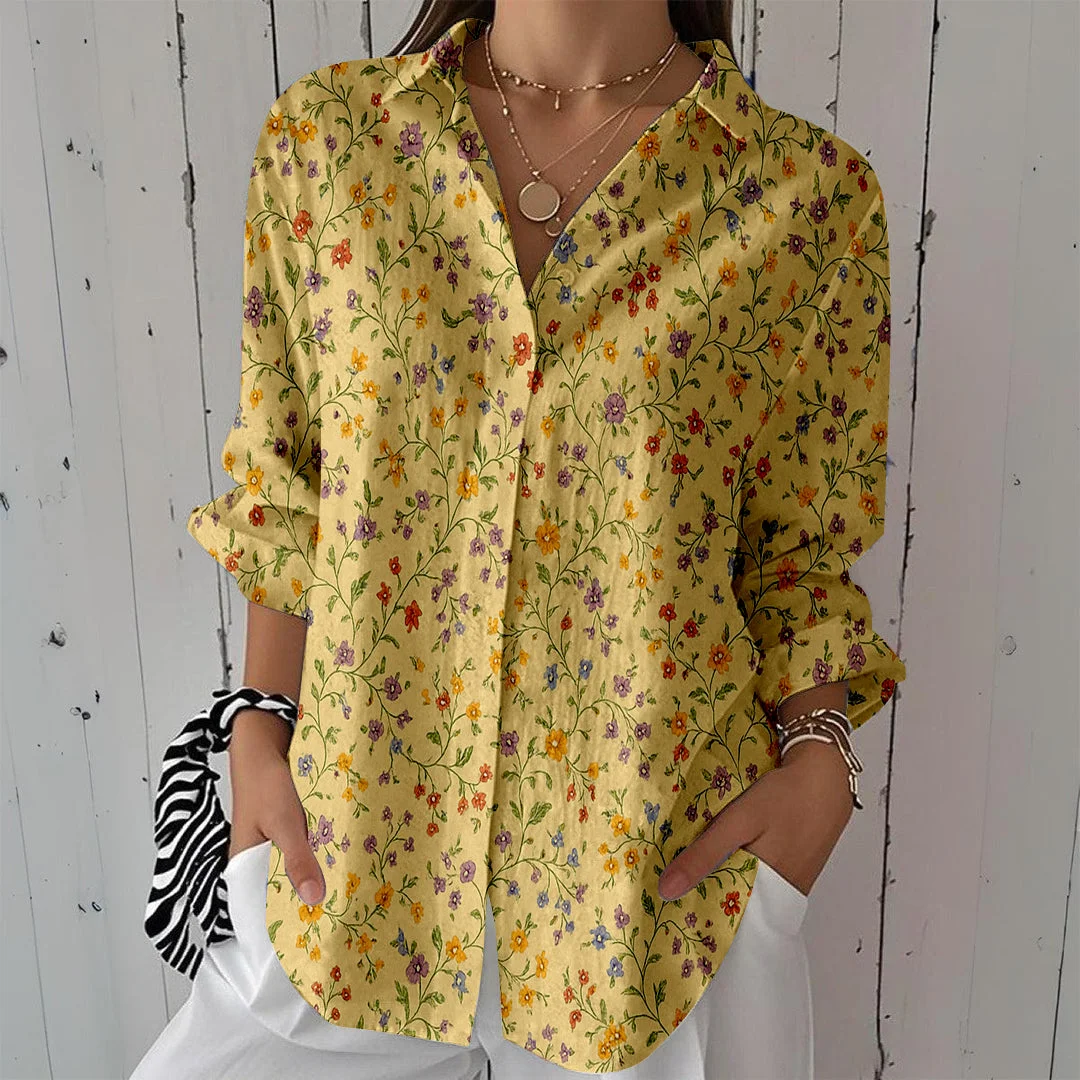 Style & Comfort for Mature Women Women Floral, Yellow, Red DZCL0196 3/4 Sleeve Shirt Collar Printed Button Tops