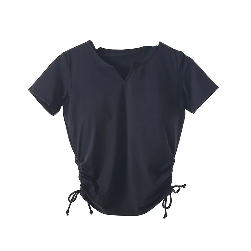 Pure Color Lace Up Slim Sports T-Shirt