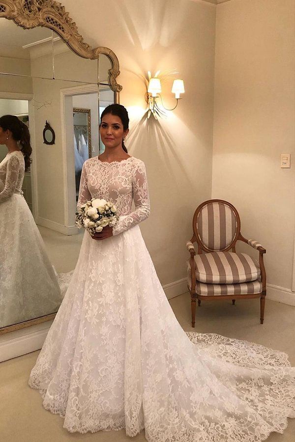 Sexy Long Sleeves A-line Lace Wedding Dress With Appliques | Ballbellas Ballbellas