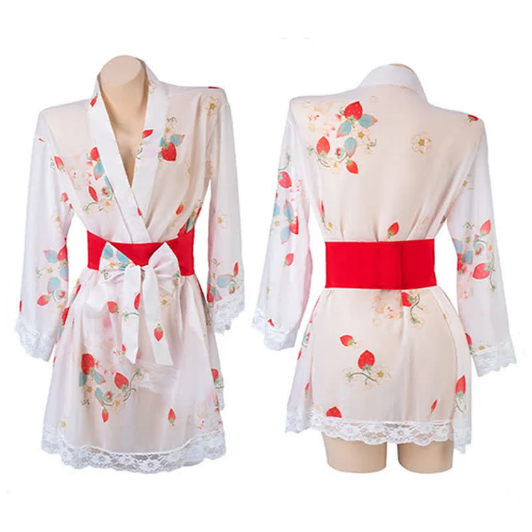 Vintage Strawberry Print See Through Kimono Lingerie Dress - Modakawa modakawa