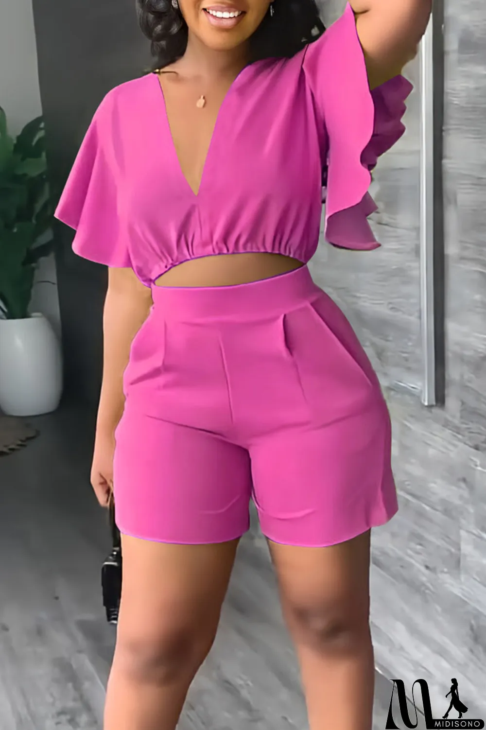 MidiSono - Yellow Casual Solid Patchwork Flounce V Neck Short Sleeve Two Pieces