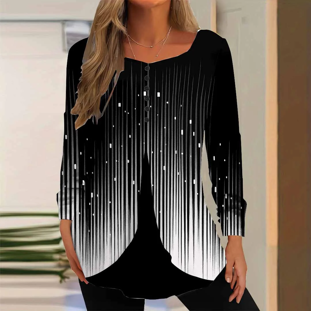 Women Striped,Black DZGG8326 Long Sleeve Scoop Neck Printed Graphic Button Fake 2in1 Tops
