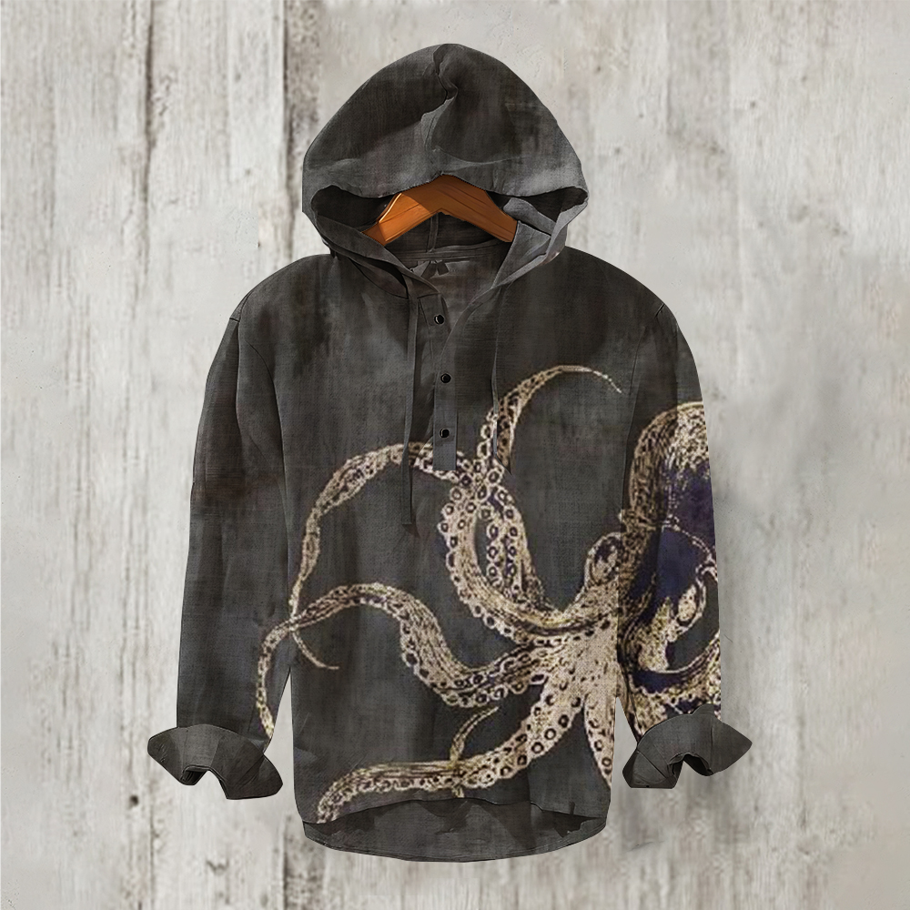 Comstylish Japanese Art Octopus Button Linen Blend Casual Hoodie