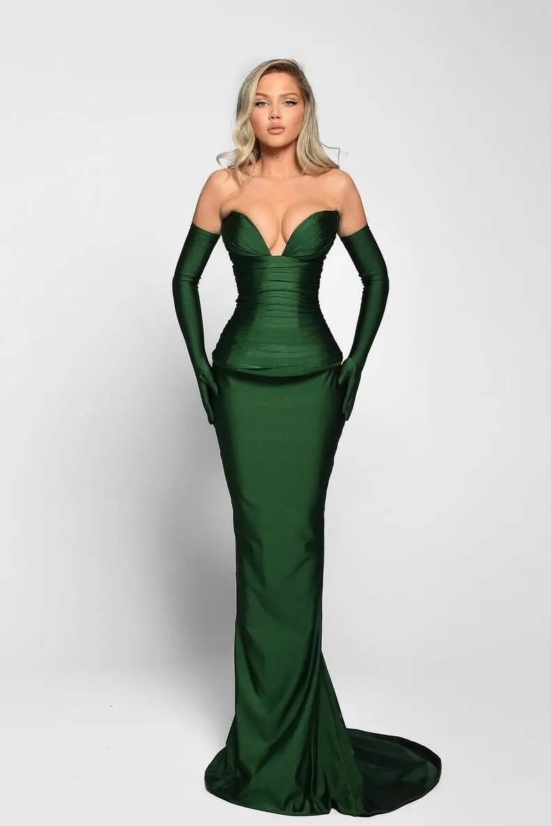 Lussooy Elegant Satin Dark Green V Neck Sleeveless Mermaid Prom Dress with Gloves 