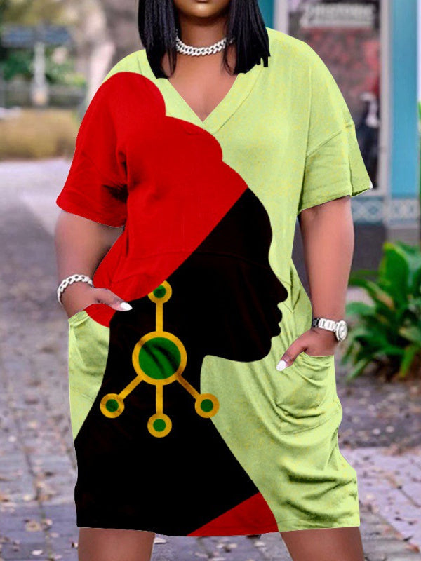 Women's Green Plus Size V-neck Mid-sleeve Dress