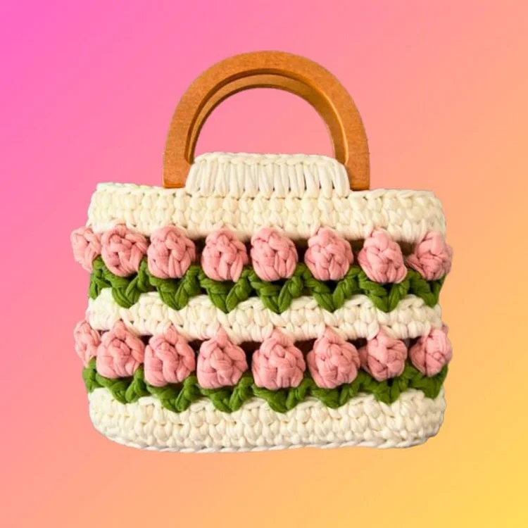 Lulusnow Handmade Pink Tulip Flower Crochet Bag