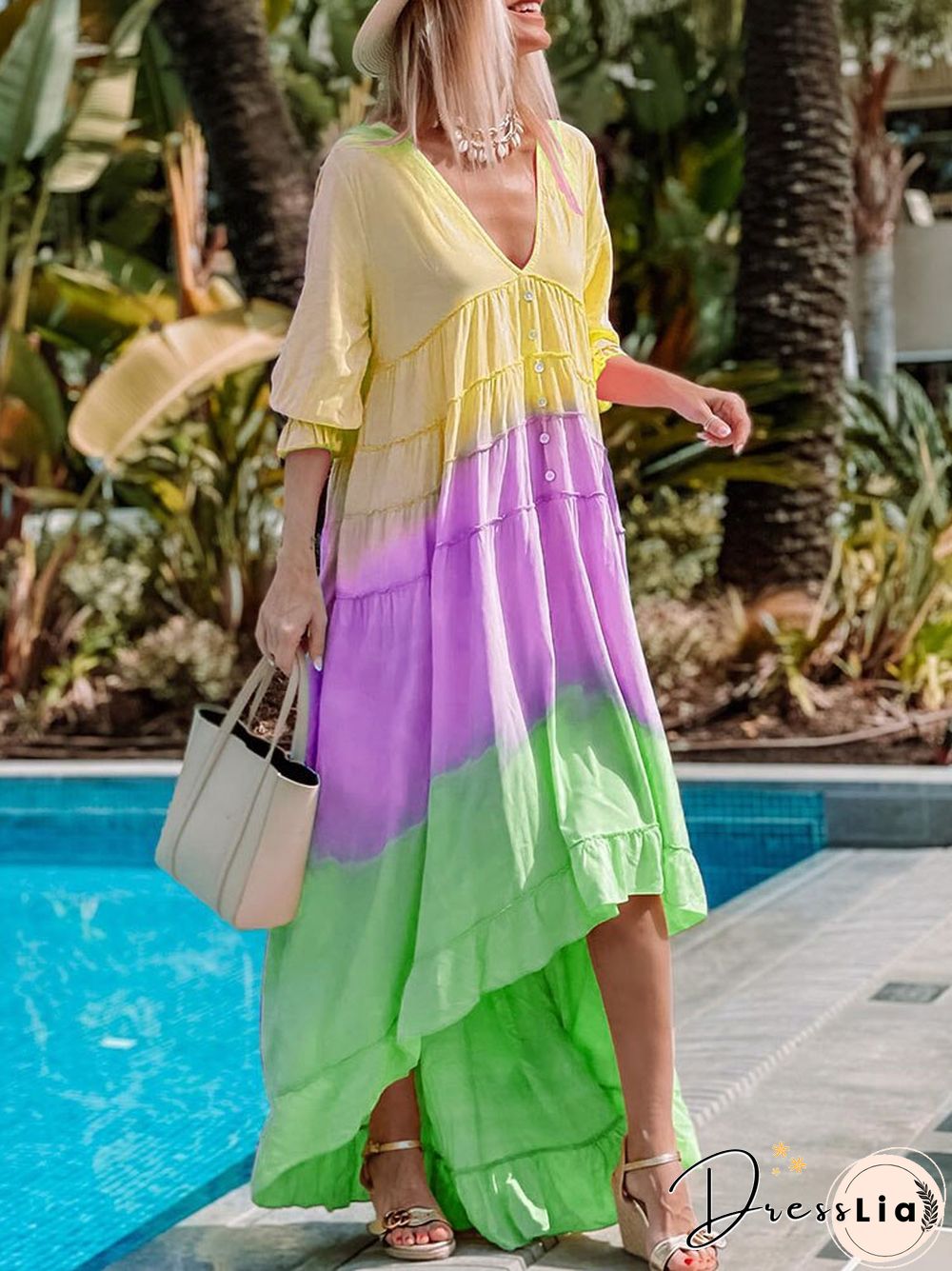 Summer Fashion Rainbow Multicolor Irregular Dress Women Casual Half Sleeve V Neck Button Ruffle Loose Big Hem Beach Dresses