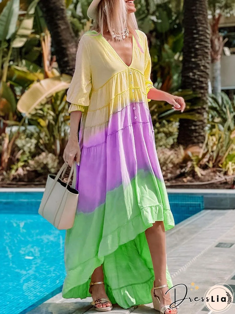 Summer Fashion Rainbow Multicolor Irregular Dress Women Casual Half Sleeve V Neck Button Ruffle Loose Big Hem Beach Dresses