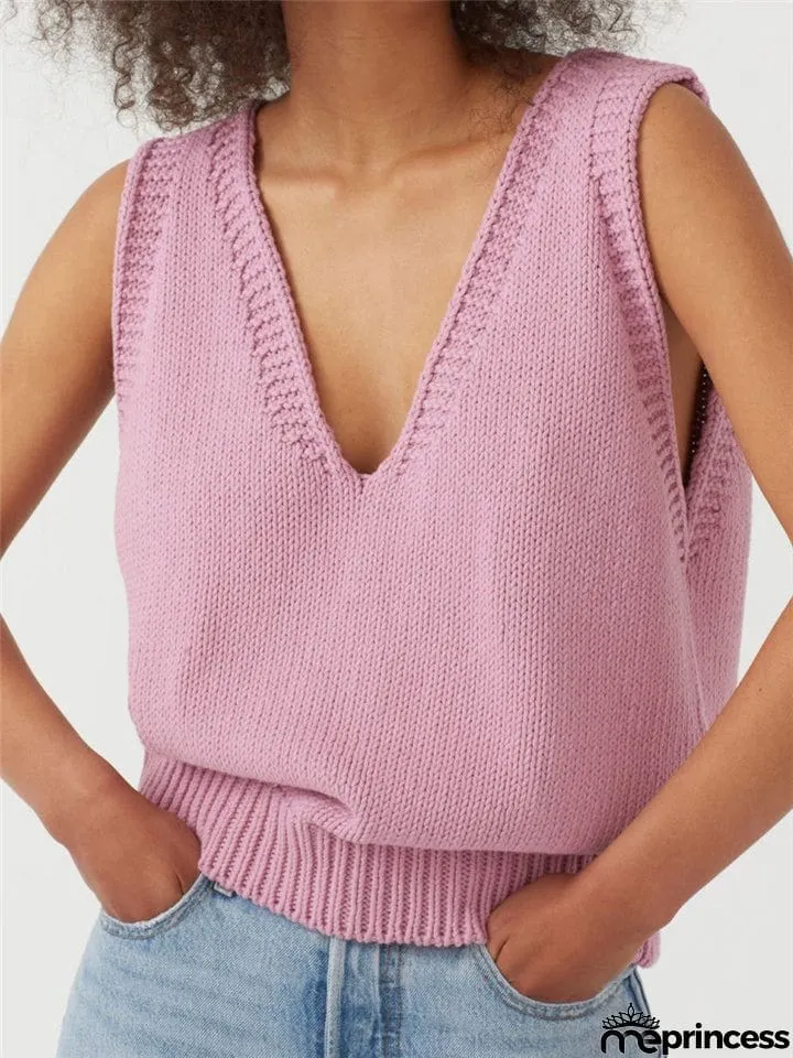 Relaxed Fit Fine Knit V Neck Ribbed Detailing Solid Color Sleeveless Sweater Vest