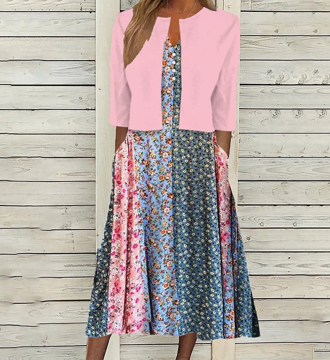 Pink Side Pocket Midi Dress With Jacket