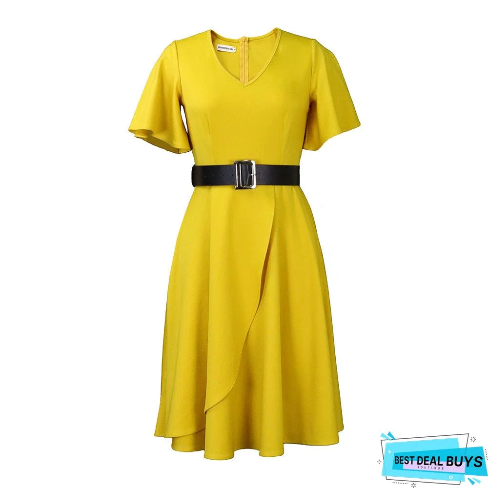 Belt Summer Women's Flared Sleeves Solid Mid Skirt Color Plus Size Dress