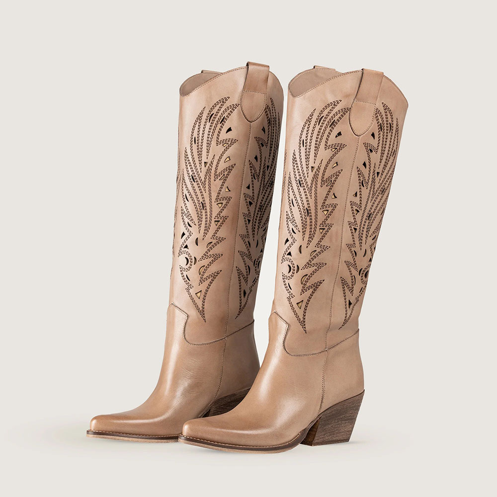 Taupe Perforated Embroidered Snip Toe Western Boots for Women Nicepairs