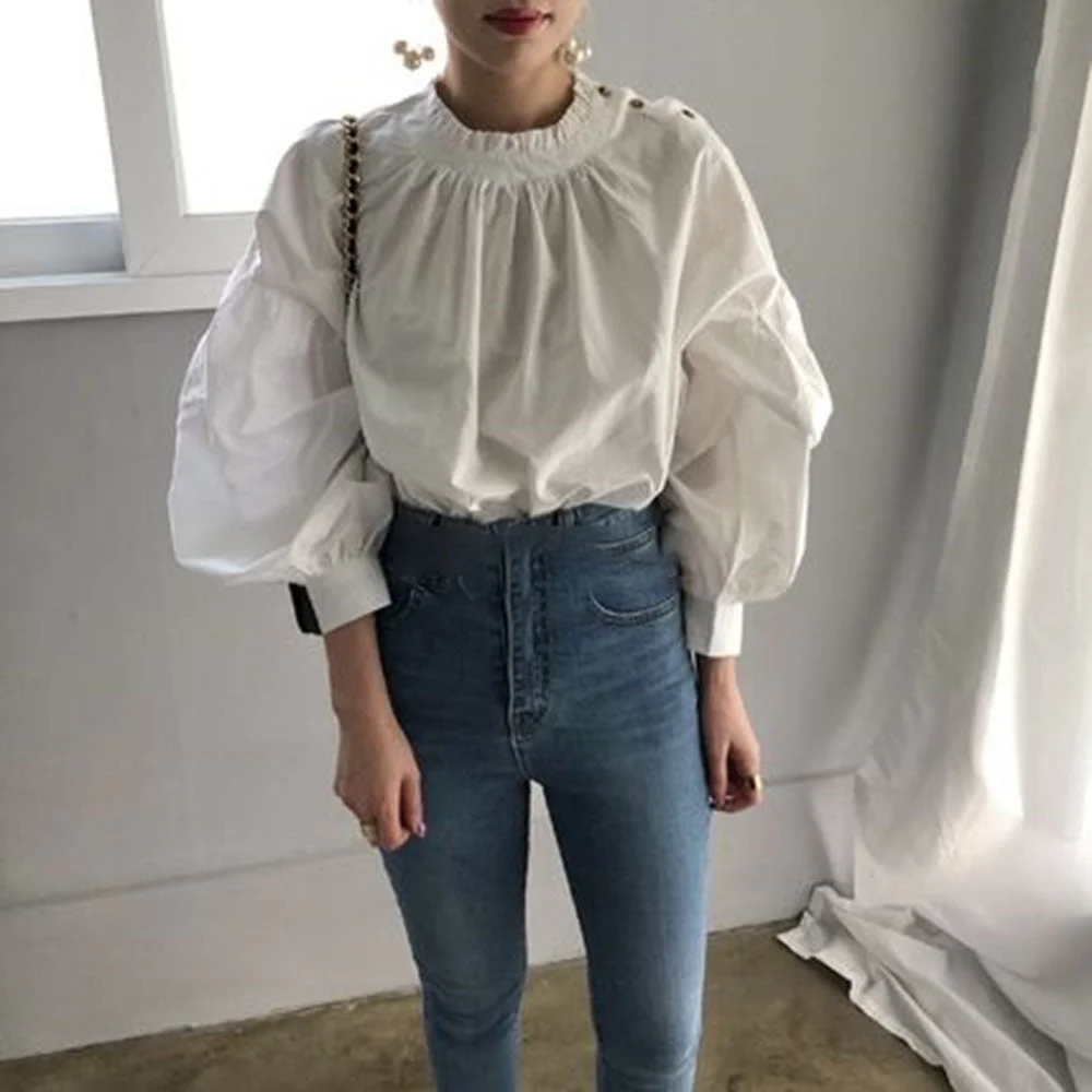 Chic Blouse White Women New Shirt Lantern Sleeve Elegant Lady Solid Color Thin Short Fashion Casual Round Neck Spring Tops