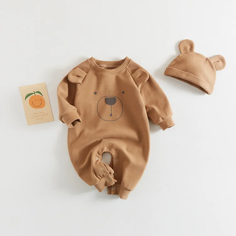 2pcs Baby Boy/Girl Bear Print 3D EarSolid Color Pullover Romper with Hat Set