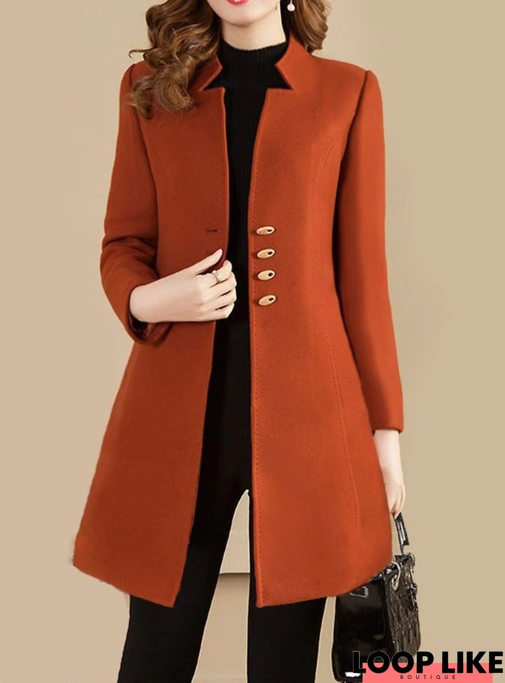Collarless Autumn and Winter Mid Length Coat