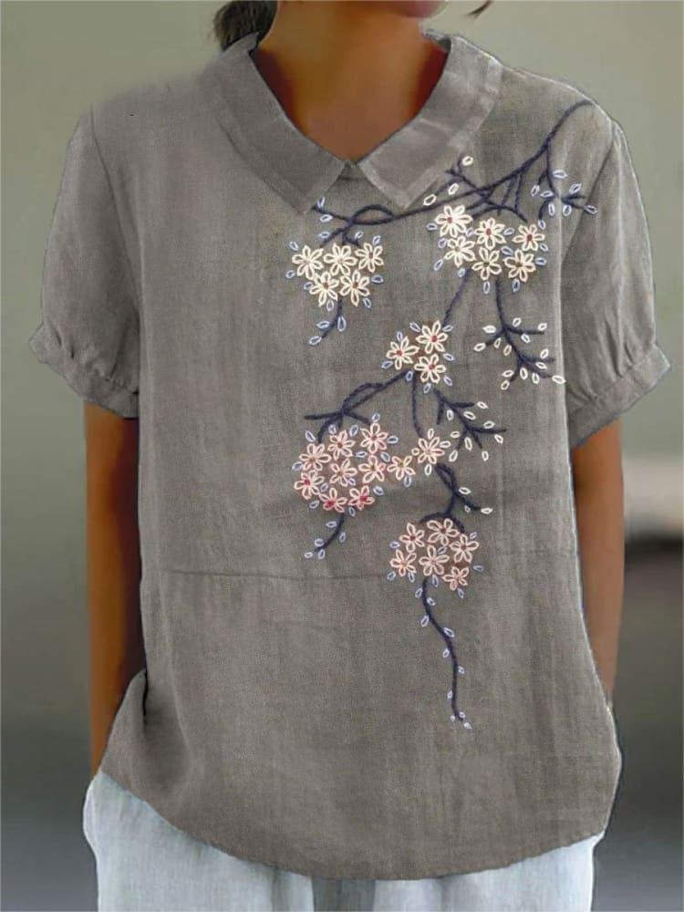 Comstylish Women's Floral Beaded Print Casual Cotton Linen Shirt