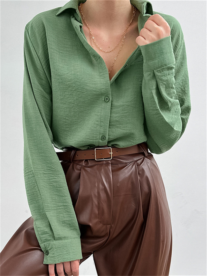 Spring and Autumn New Avocado Green Lapel Single-breasted Shirt Female Senior Sense of Leisure Long-sleeved