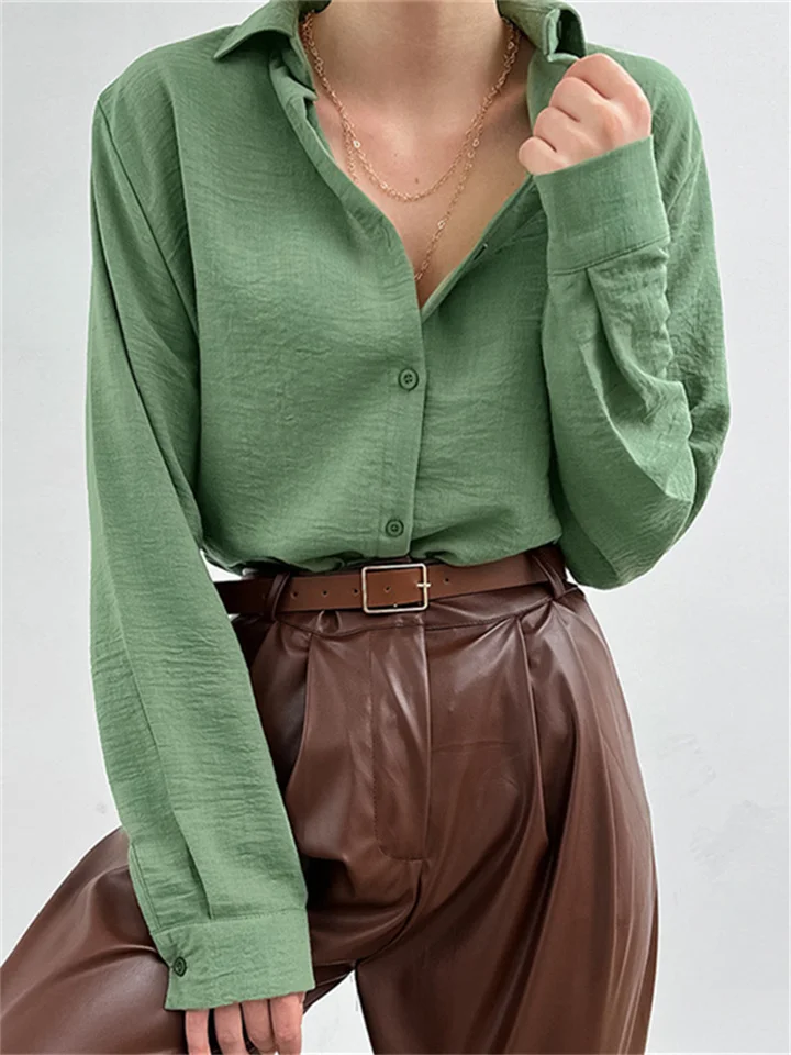 Spring and Autumn New Avocado Green Lapel Single-breasted Shirt Female Senior Sense of Leisure Long-sleeved-Cosfine
