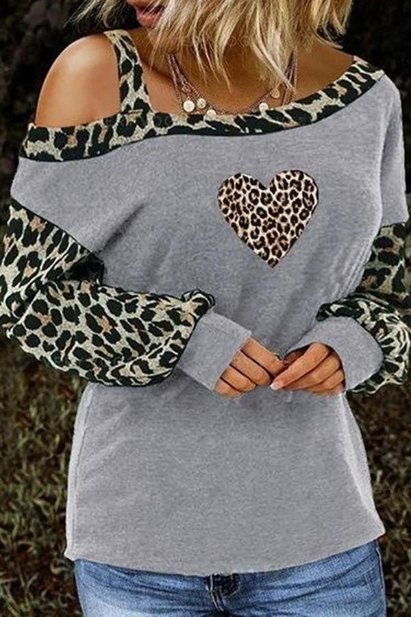 Womens Leopard Love Slash Neck Off Shoulder T-Shirt-Allyzone-Allyzone