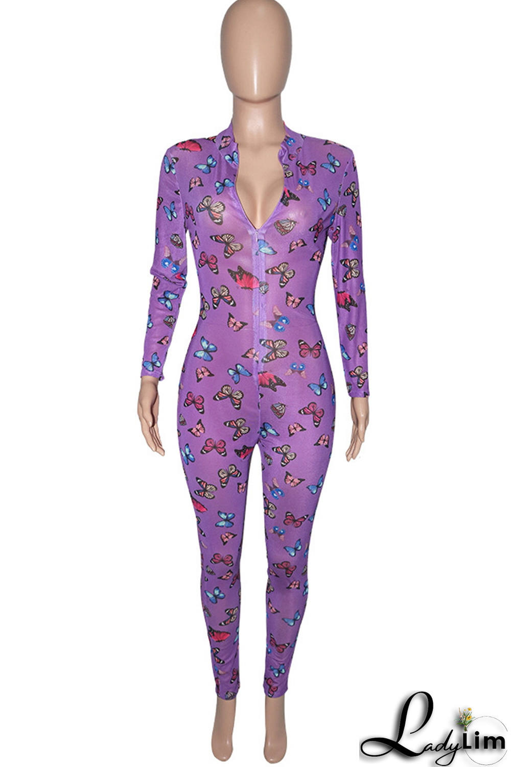 Rose Red Sexy Butterfly Print Patchwork Zipper Collar Skinny Jumpsuits