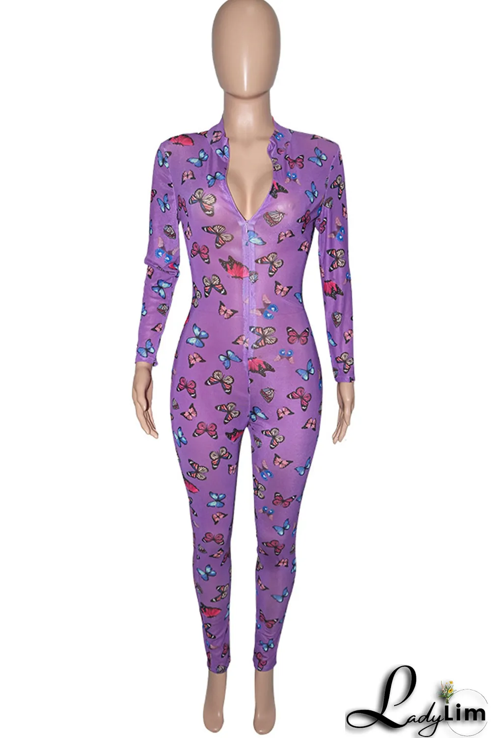 Rose Red Sexy Butterfly Print Patchwork Zipper Collar Skinny Jumpsuits