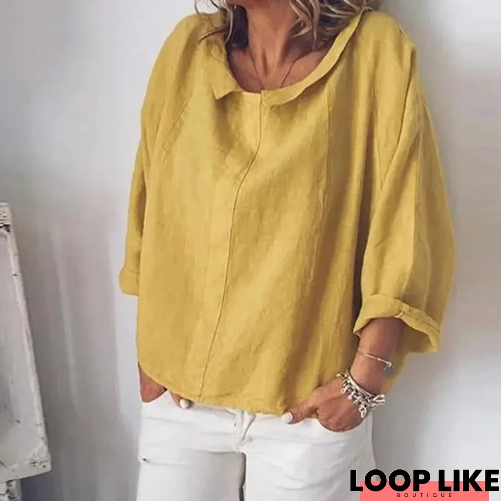 Women Long Sleeve Cotton Linen Casual Lapel Neck Tops Solid Blouse Tops Linen